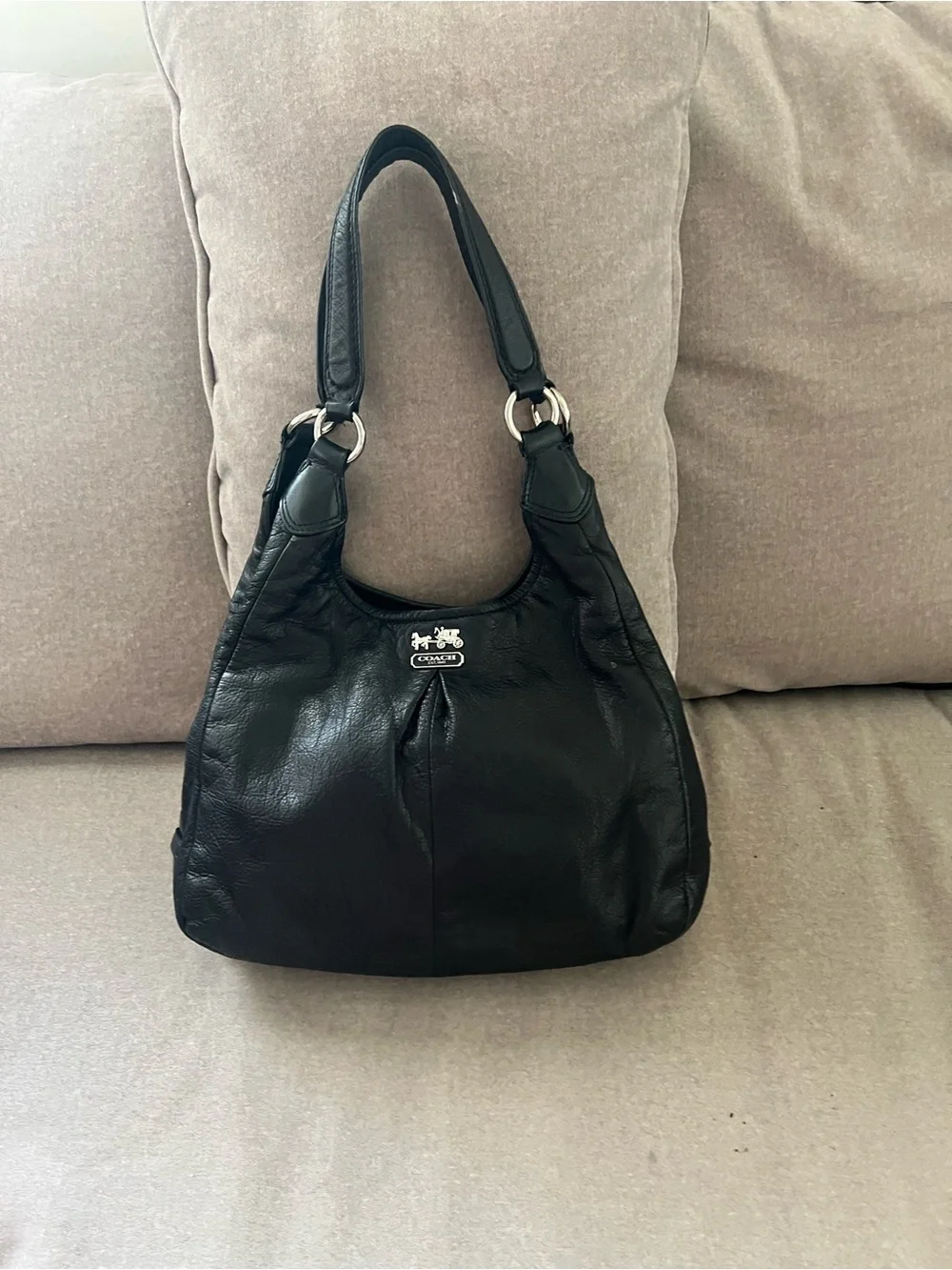 Coach Black Leather Hobo Shoulder Bag with Silver Hardware
